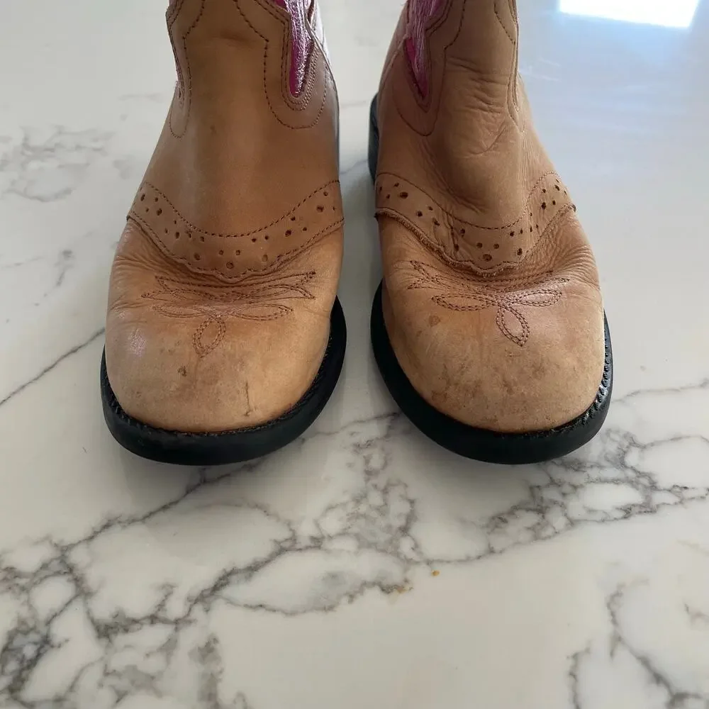 Old West Cowgirl Western Boots Fancy Round Toe Pink Leather Uppers sz 11-12